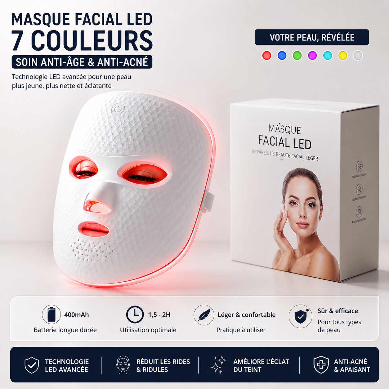 Masque Facial LED 7 Couleurs – Soin Anti-Âge & Anti-Acné